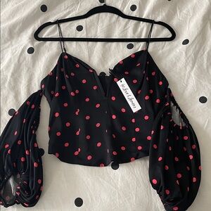 For Love And Lemons Black Blouse with Pink Polka Dots